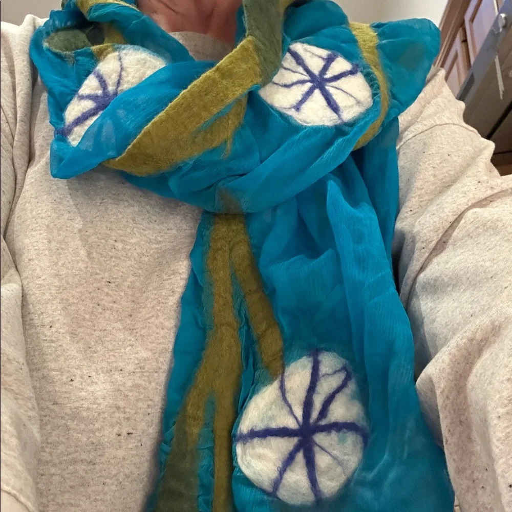 Turquoise Silk Chiffon Scarf with Felted Wool Floral Decor - Picture 5 of 5